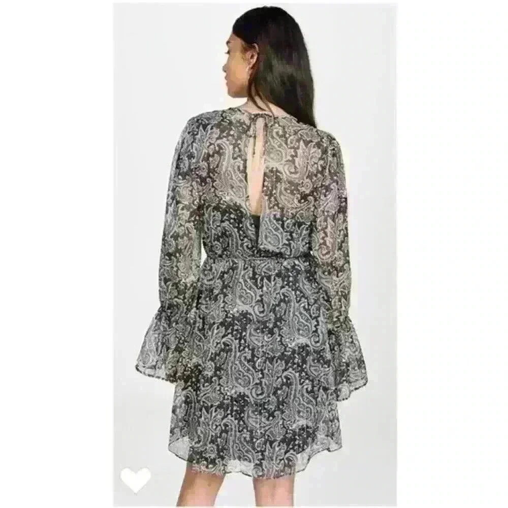NWT $398 Joie Manning Metallic Paisley Paisley Bell Sleeve Chiffon Dress Large - Picture 4 of 4